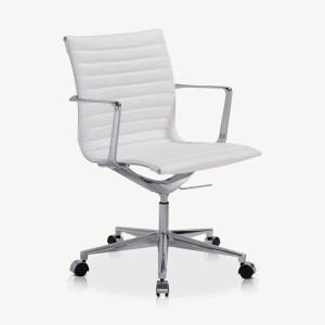 Chaise de Bureau Valton, Cuir Blanc & Chrome