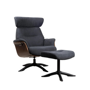 OSAKA Lounge Chair - Massivholz und grauer Stoff